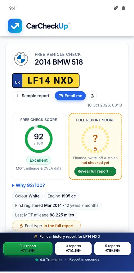 Free car check in the app: vehicle details, free check score and MOT details for a BMW 518