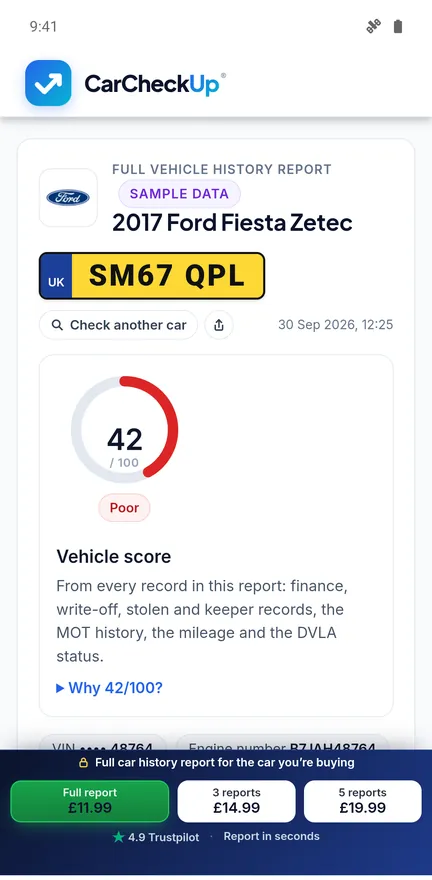 Sample full vehicle history report in the app with the vehicle score